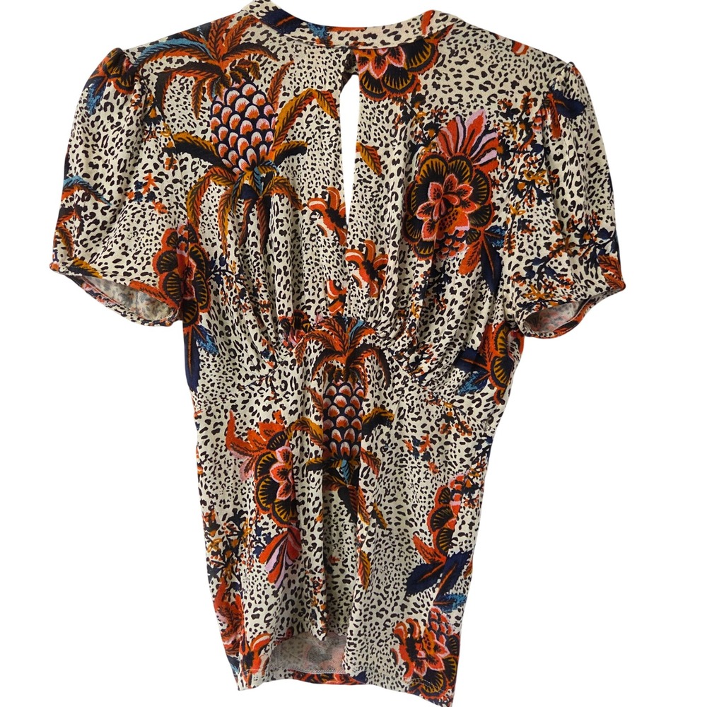 Free People XS Mixed Print Top Floral Animal Print Ruched Short Sleeve